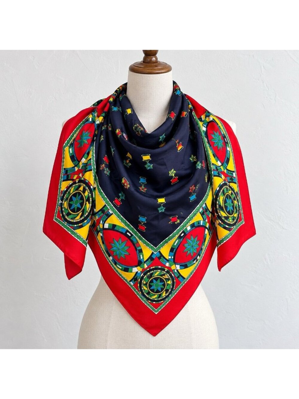 Vintage Red Scarf Made in Italy Colorful Statement 34 x 33.5" Navy Blue